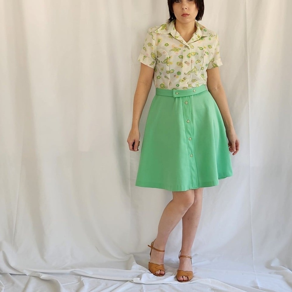 70s Green and White‎ Paisley Dress